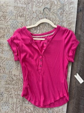 Anthropologie Pilcro Hot Pink Ribbed Button-Front Short Sleeve Top